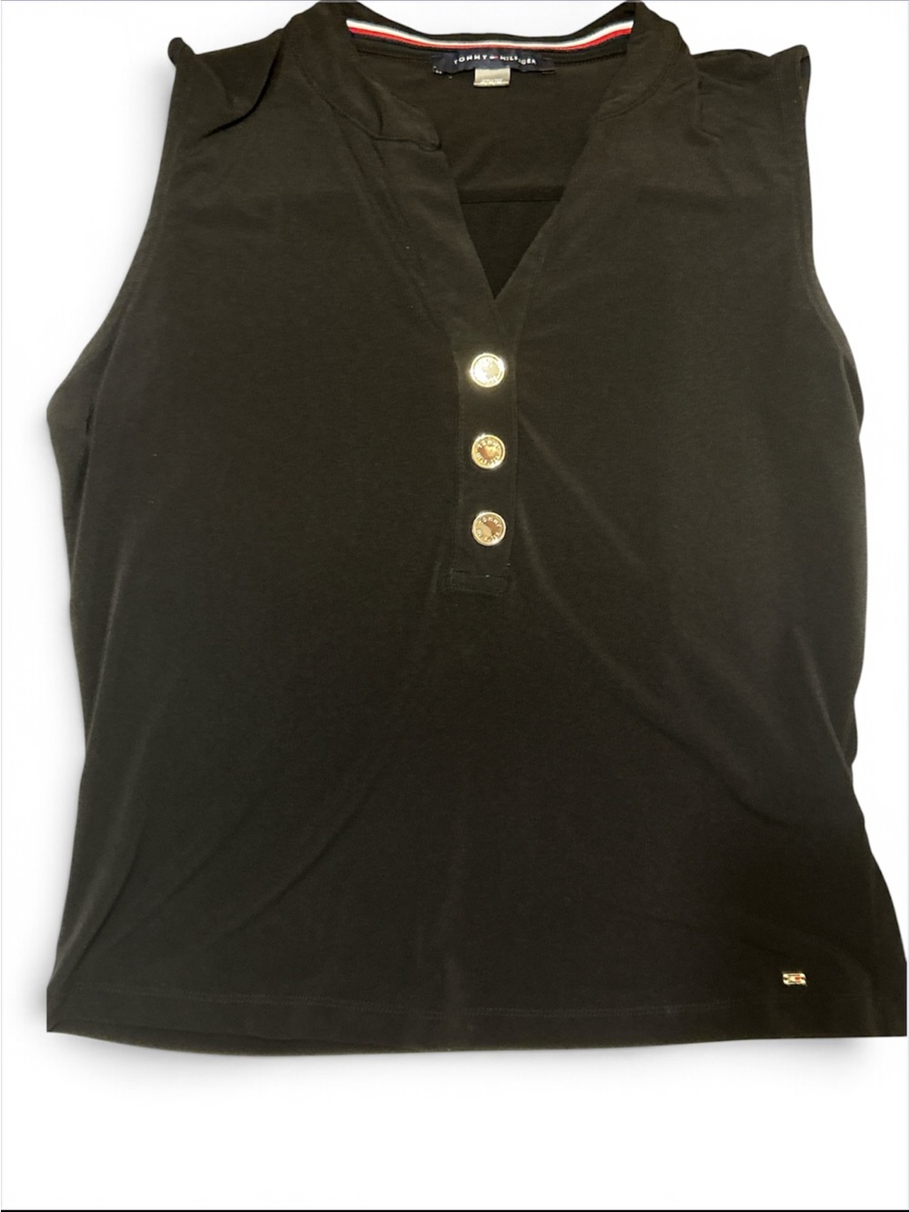 Tommy Hilfiger Black V-Neck Short Sleeve Henley with Gold Buttons